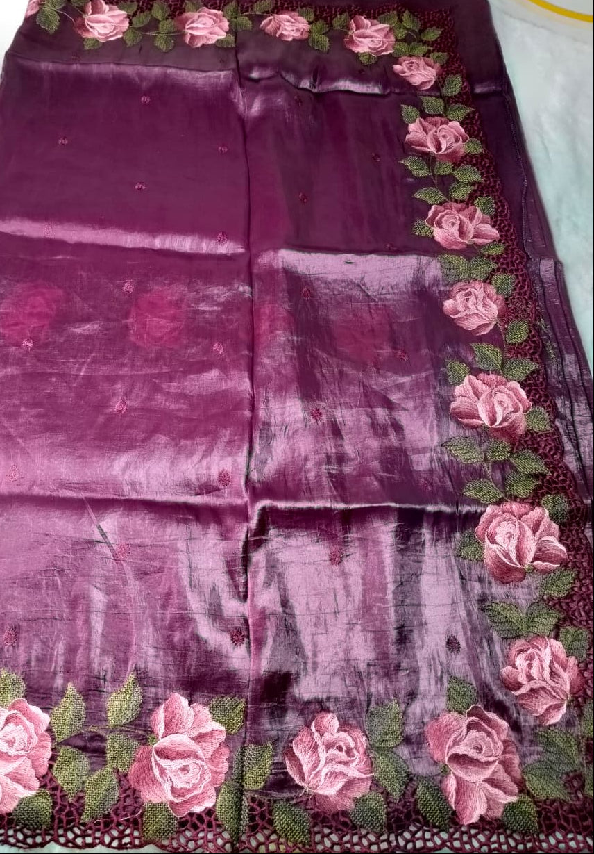 Crush Tussar Saree With Korean Machinery Floral Work(Code FTS-05)