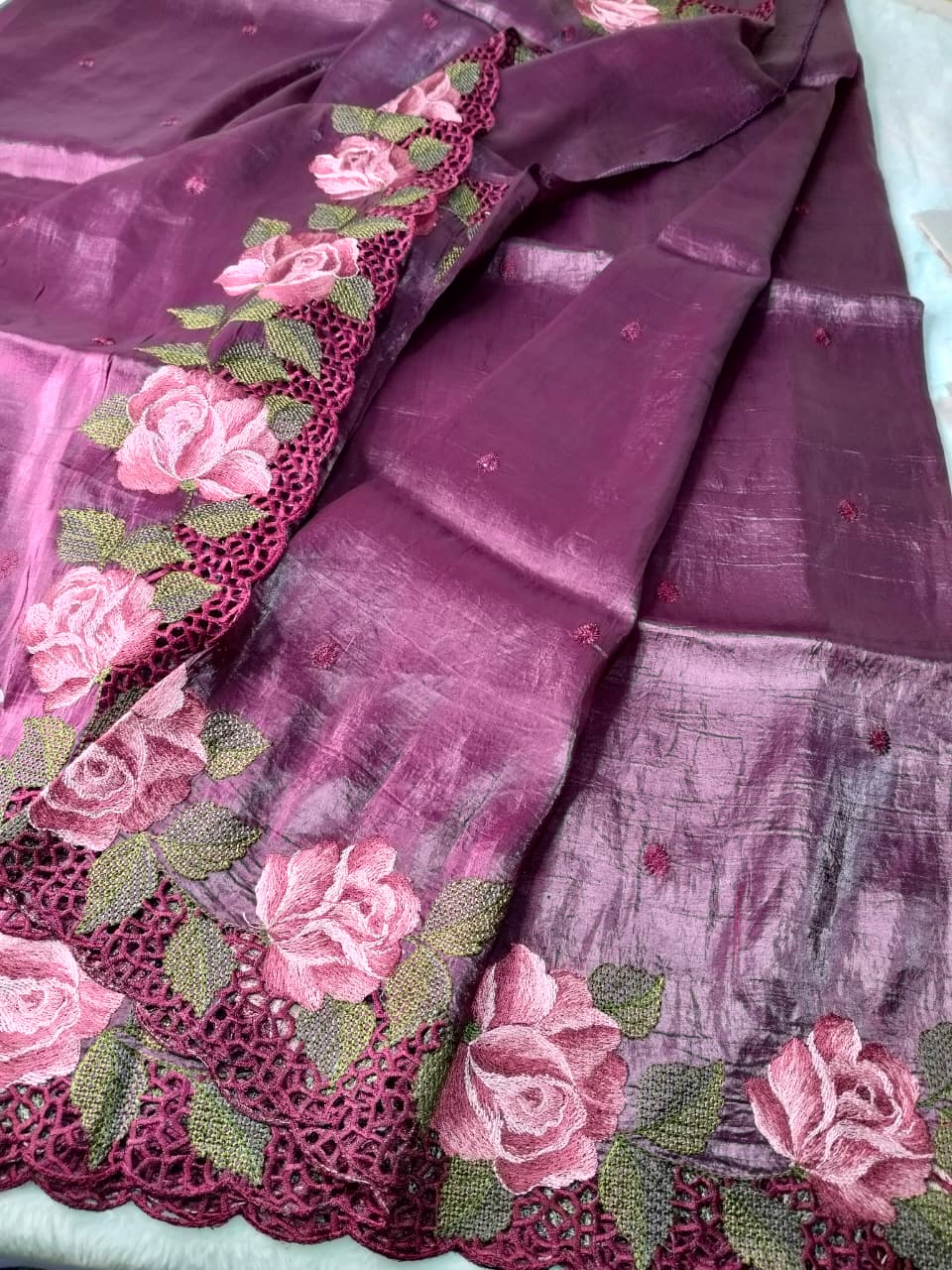 Crush Tussar Saree With Korean Machinery Floral Work(Code FTS-05)