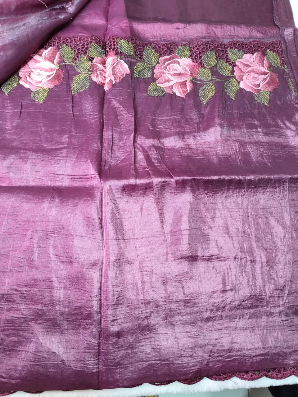 Crush Tussar Saree With Korean Machinery Floral Work(Code FTS-05)