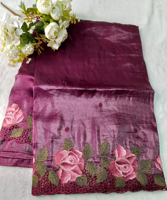 Crush Tussar Saree With Korean Machinery Floral Work(Code FTS-05)