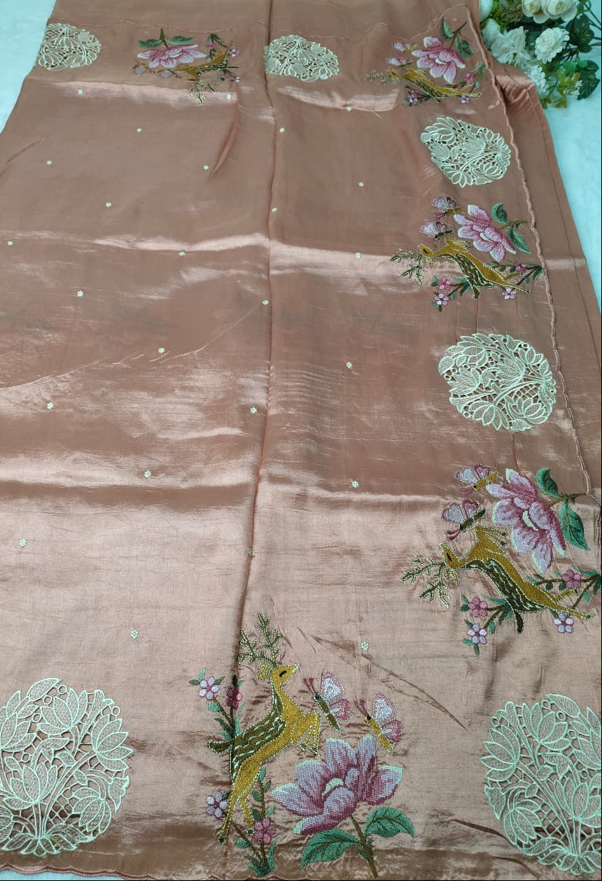 Raw Silk Saree With Premium Cutwork Border(Code FTS-03)