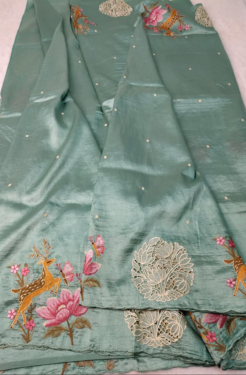 Raw Silk Saree With Premium Cutwork Border(Code FTS-03)