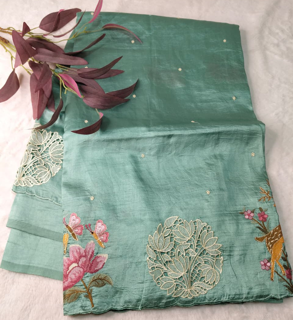 Raw Silk Saree With Premium Cutwork Border(Code FTS-03)