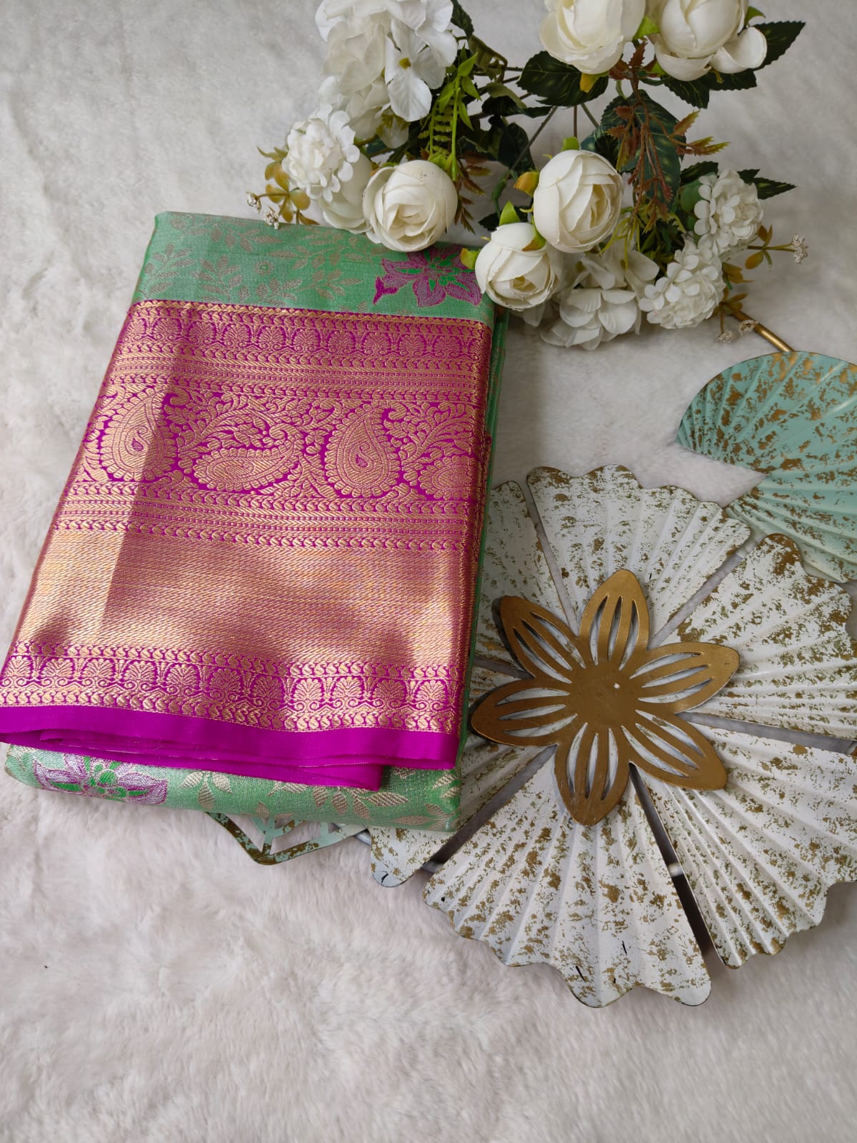 Mint Green Floral Pattu Silk Saree with Magenta Zari Border-BT-01