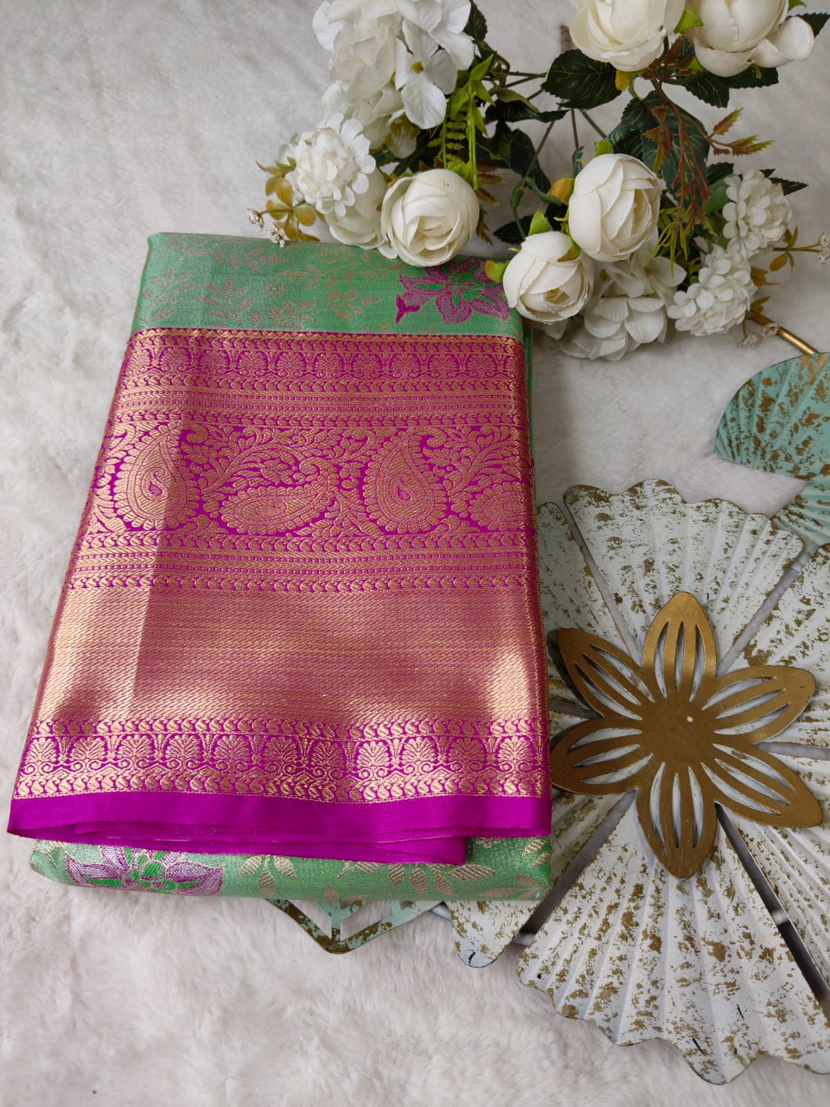 Mint Green Floral Pattu Silk Saree with Magenta Zari Border-BT-01