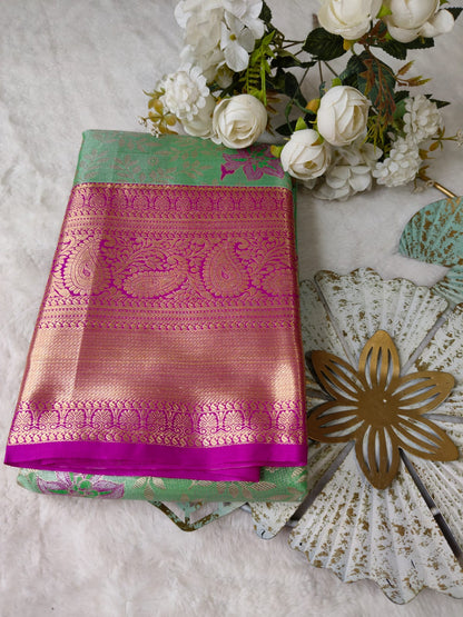 Mint Green Floral Pattu Silk Saree with Magenta Zari Border-BT-01