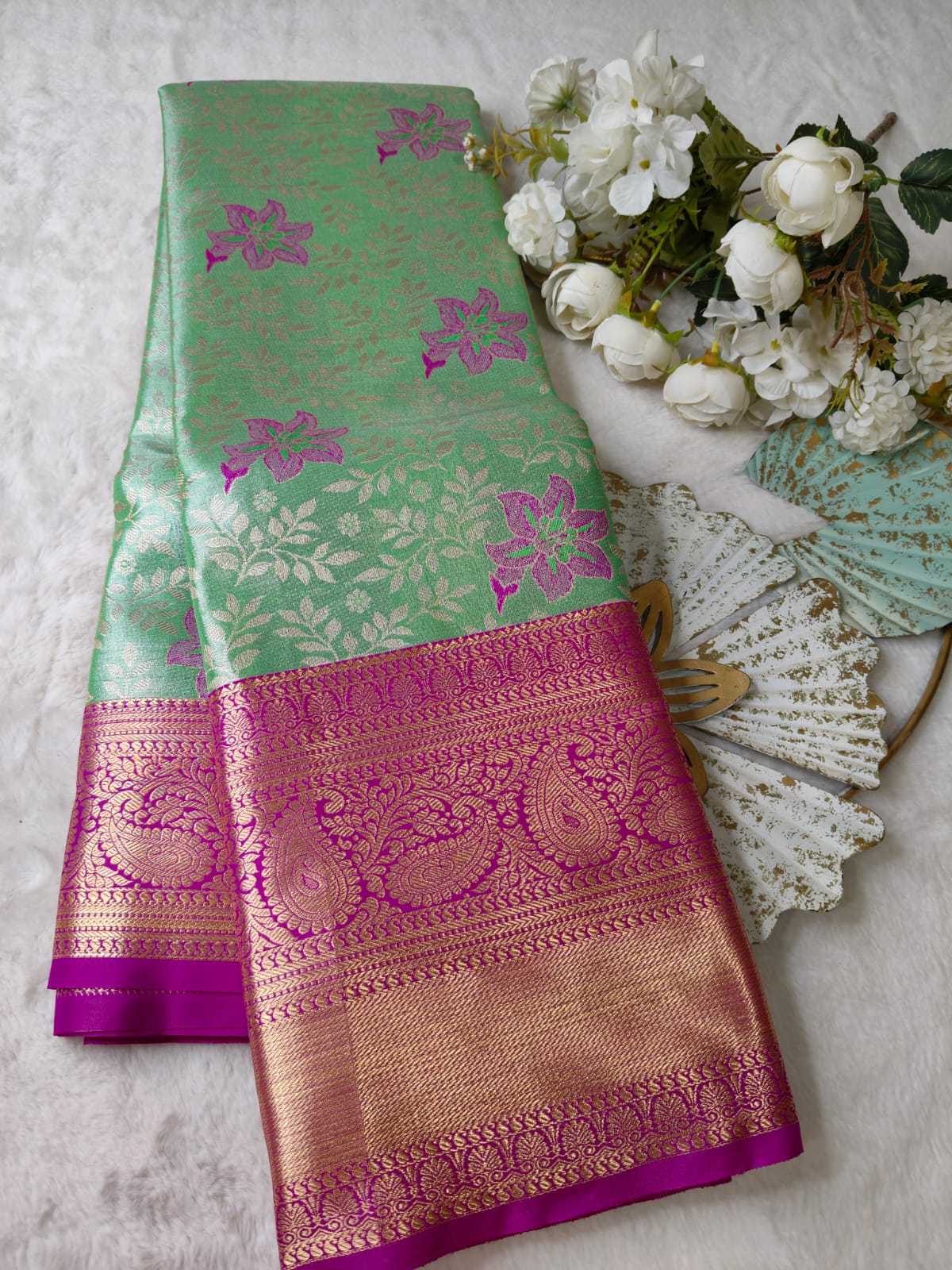Mint Green Floral Pattu Silk Saree with Magenta Zari Border-BT-01