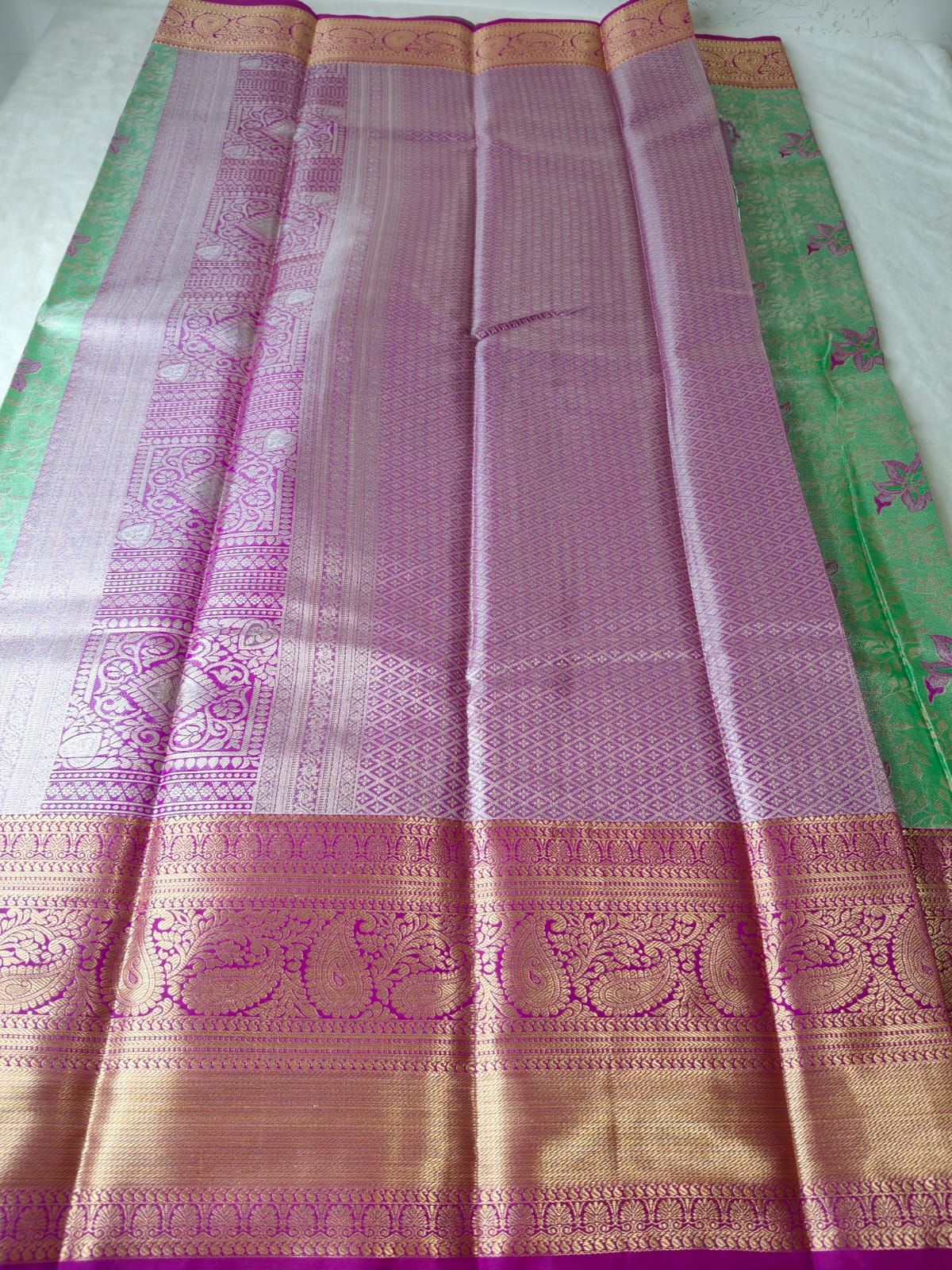 Mint Green Floral Pattu Silk Saree with Magenta Zari Border-BT-01
