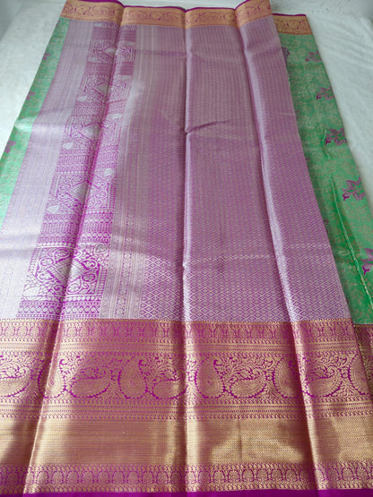 Mint Green Floral Pattu Silk Saree with Magenta Zari Border-BT-01