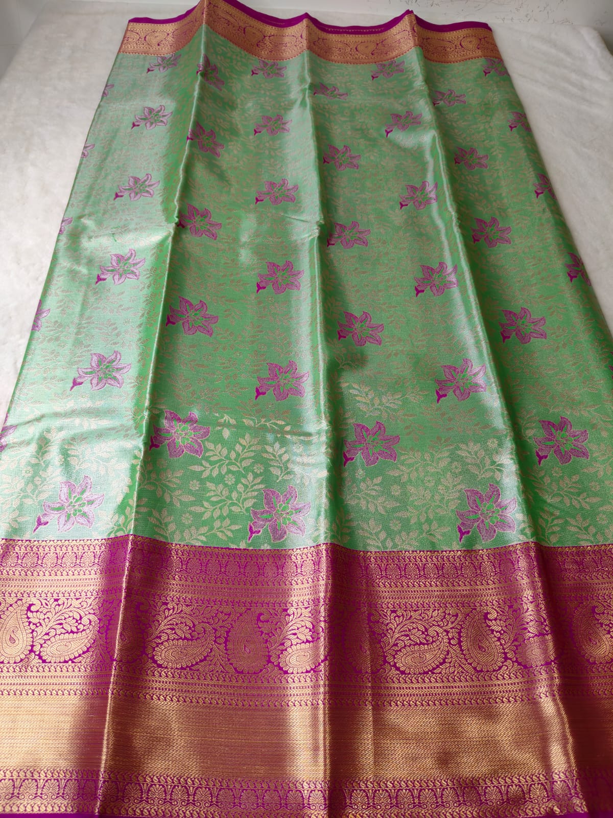 Mint Green Floral Pattu Silk Saree with Magenta Zari Border-BT-01