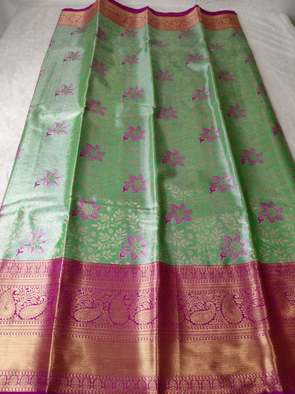 Mint Green Floral Pattu Silk Saree with Magenta Zari Border-BT-01