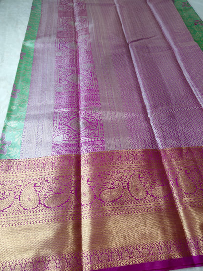 Mint Green Floral Pattu Silk Saree with Magenta Zari Border-BT-01