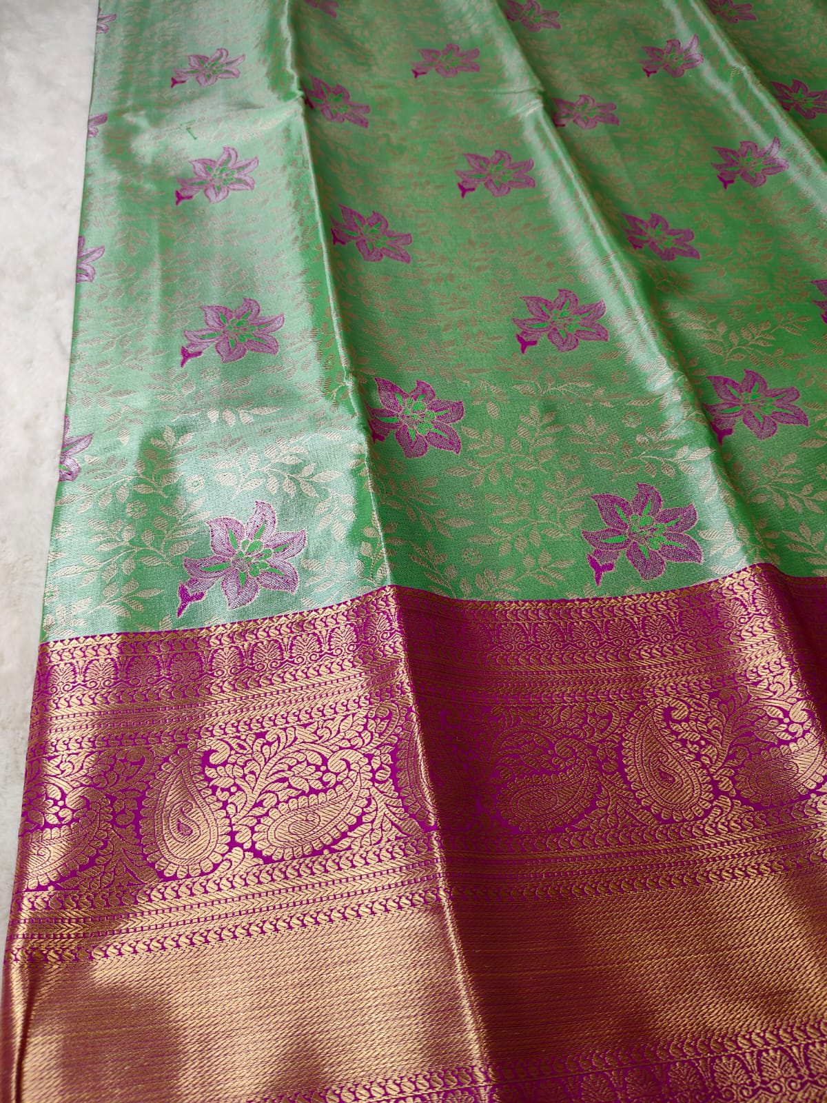 Mint Green Floral Pattu Silk Saree with Magenta Zari Border-BT-01