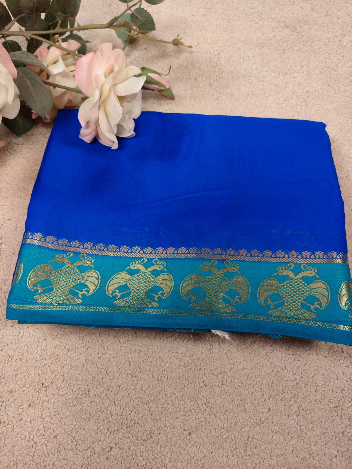 Royal Blue Semi Mysore Crepe Silk Saree with Peacock Zari Border-SS-89