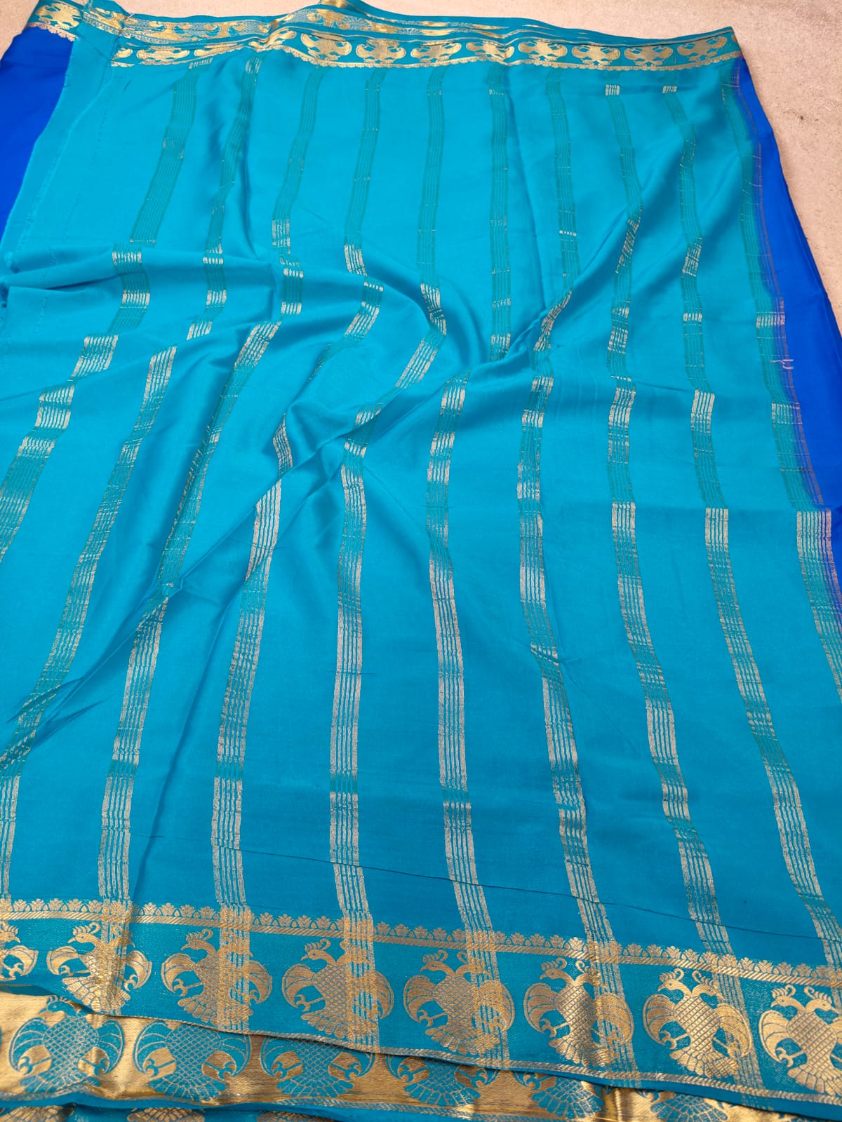 Royal Blue Semi Mysore Crepe Silk Saree with Peacock Zari Border-SS-89