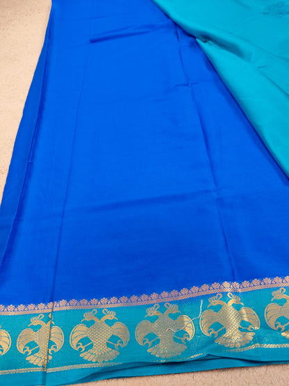 Royal Blue Semi Mysore Crepe Silk Saree with Peacock Zari Border-SS-89