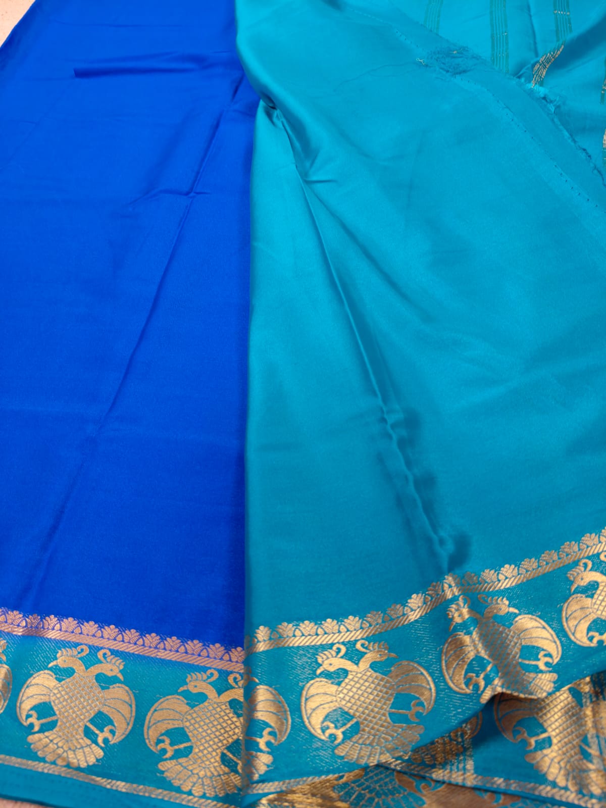 Royal Blue Semi Mysore Crepe Silk Saree with Peacock Zari Border-SS-89