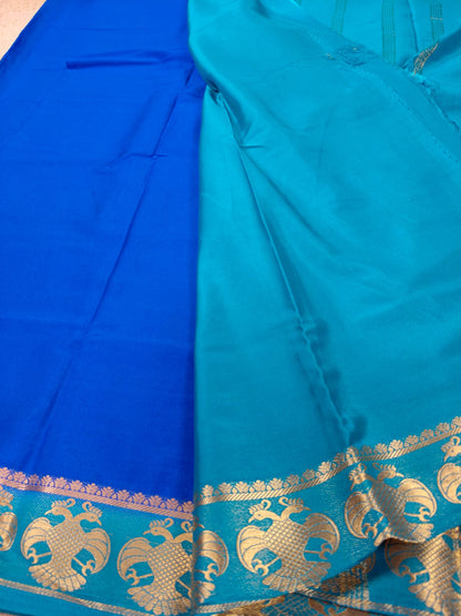Royal Blue Semi Mysore Crepe Silk Saree with Peacock Zari Border-SS-89