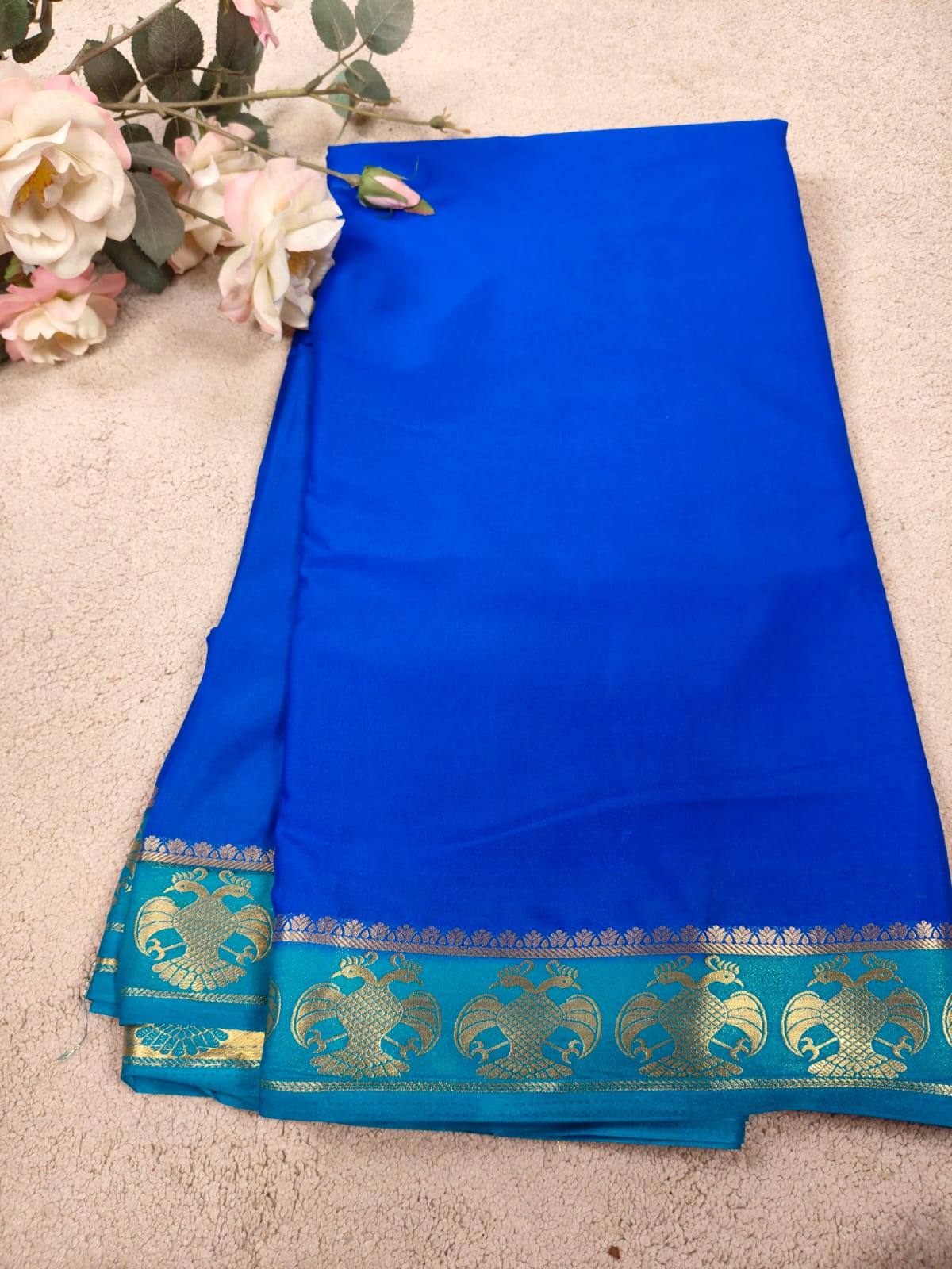 Royal Blue Semi Mysore Crepe Silk Saree with Peacock Zari Border-SS-89