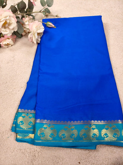 Royal Blue Semi Mysore Crepe Silk Saree with Peacock Zari Border-SS-89