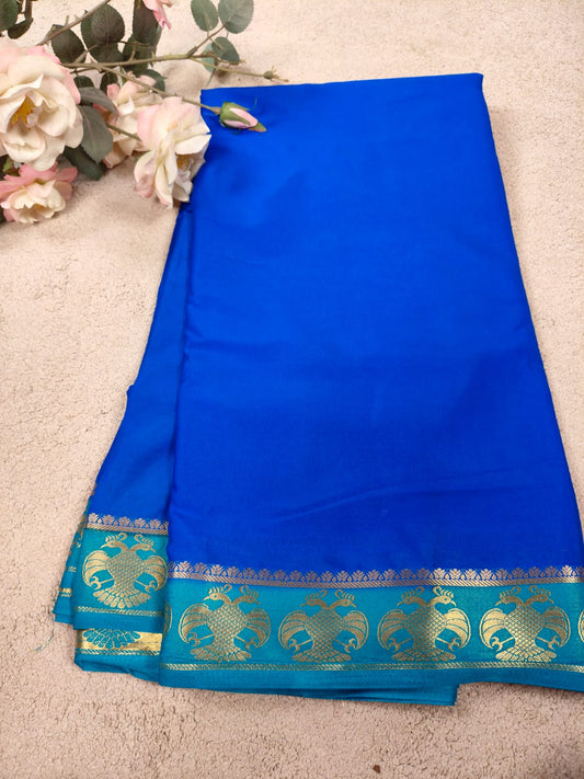 Royal Blue Semi Mysore Crepe Silk Saree with Peacock Zari Border-SS-89