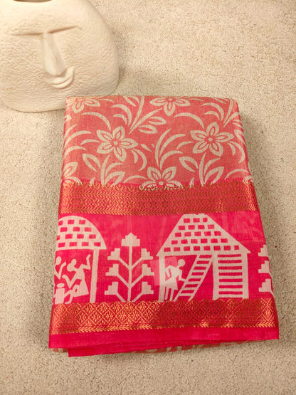 Premium Tissue Art Print Saree with Folk Border-SS-91