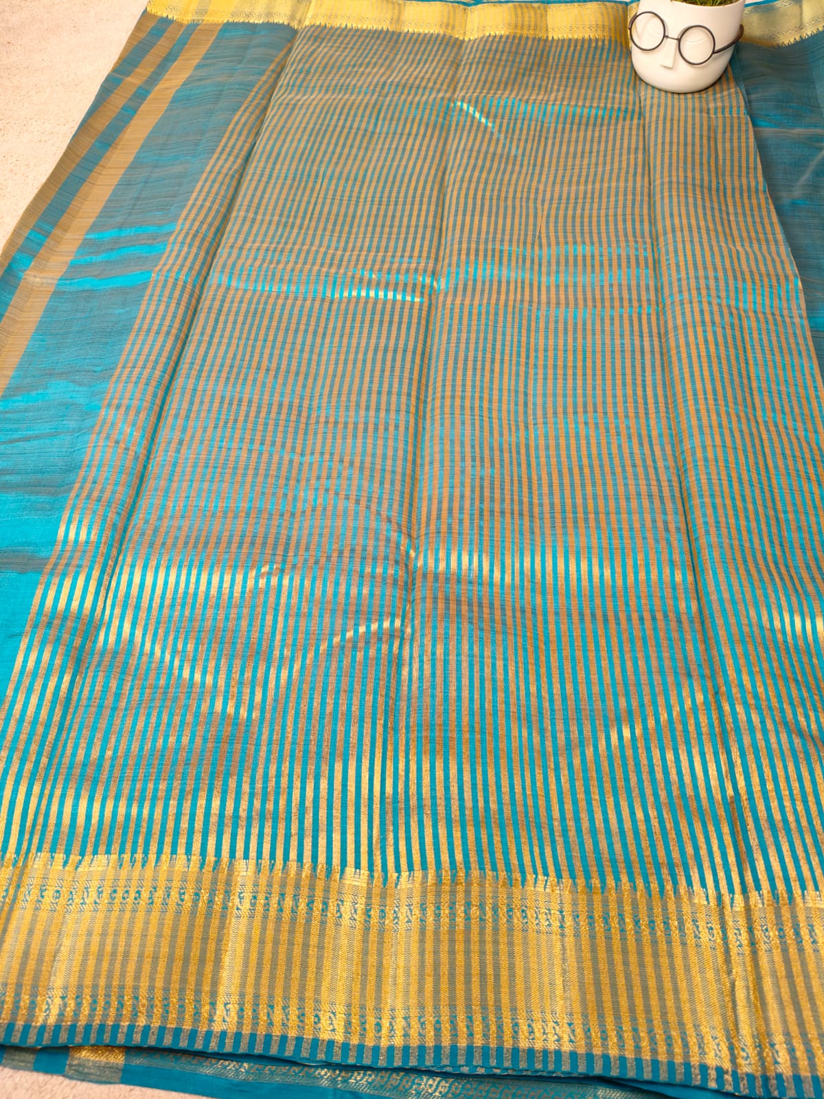Elegant Teal Tissue Saree with Gold Zari Border-SS-92