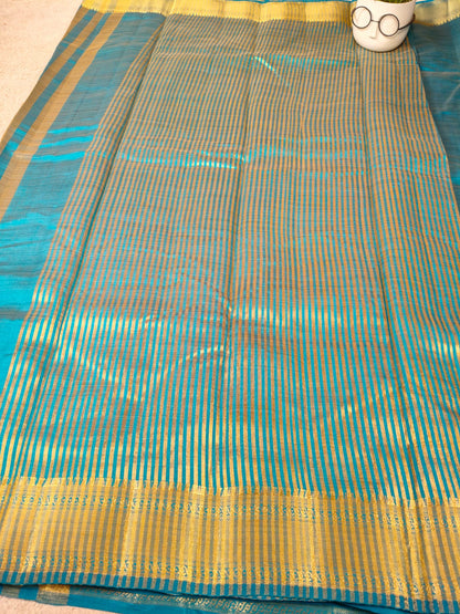 Elegant Teal Tissue Saree with Gold Zari Border-SS-92