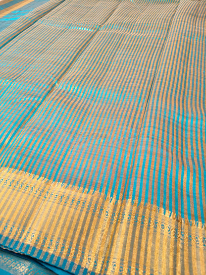 Elegant Teal Tissue Saree with Gold Zari Border-SS-92