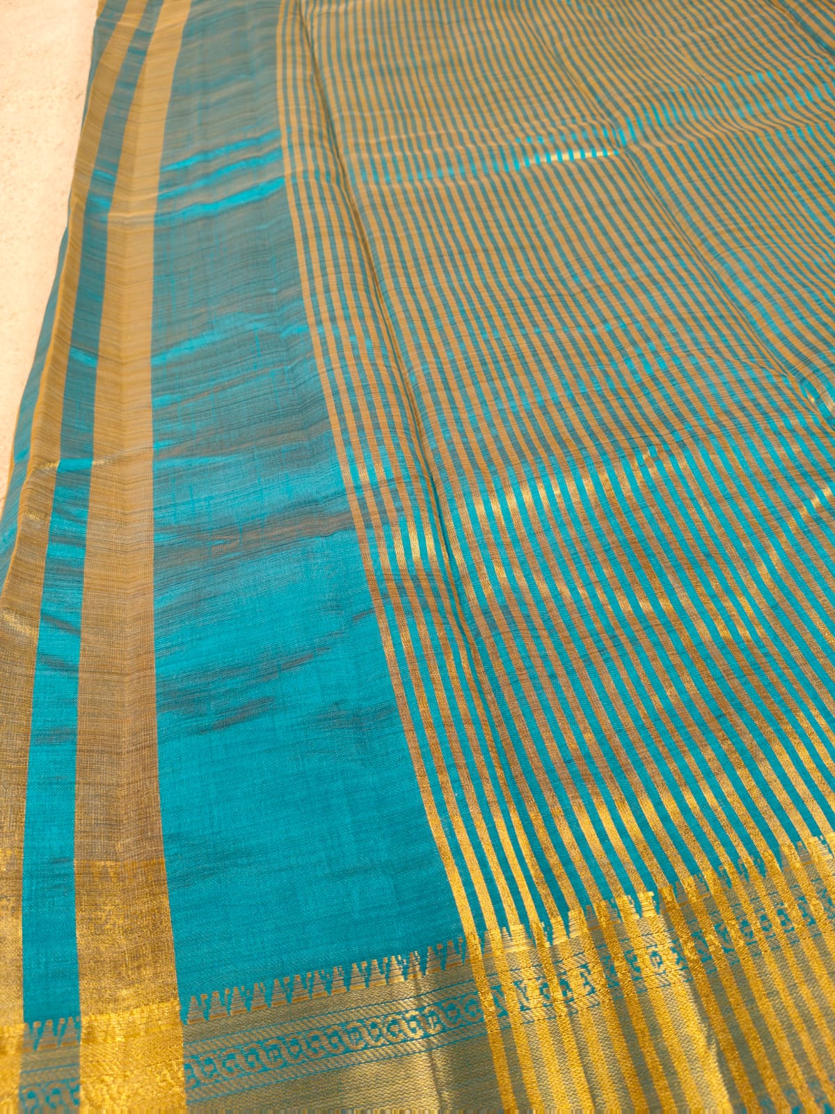 Elegant Teal Tissue Saree with Gold Zari Border-SS-92