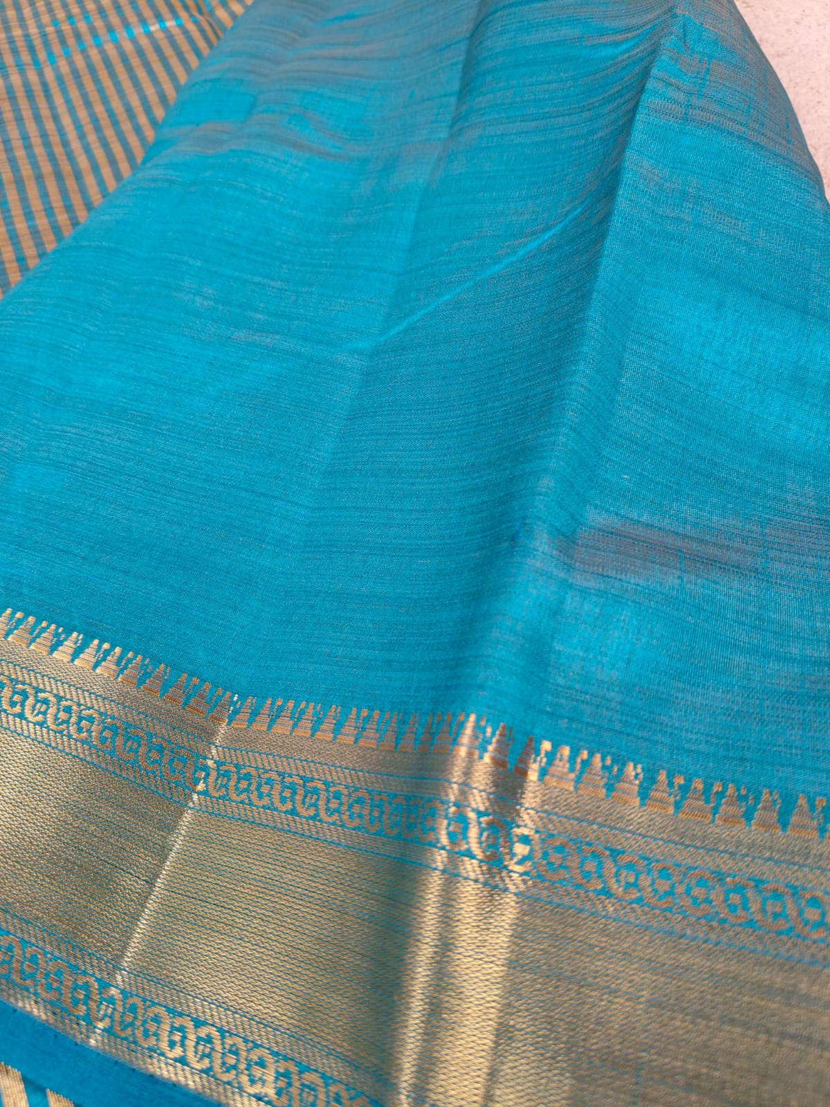 Elegant Teal Tissue Saree with Gold Zari Border-SS-92