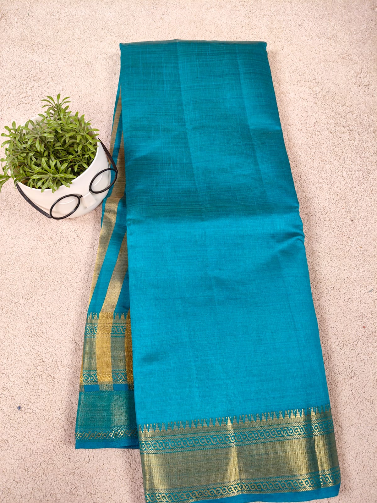 Elegant Teal Tissue Saree with Gold Zari Border-SS-92