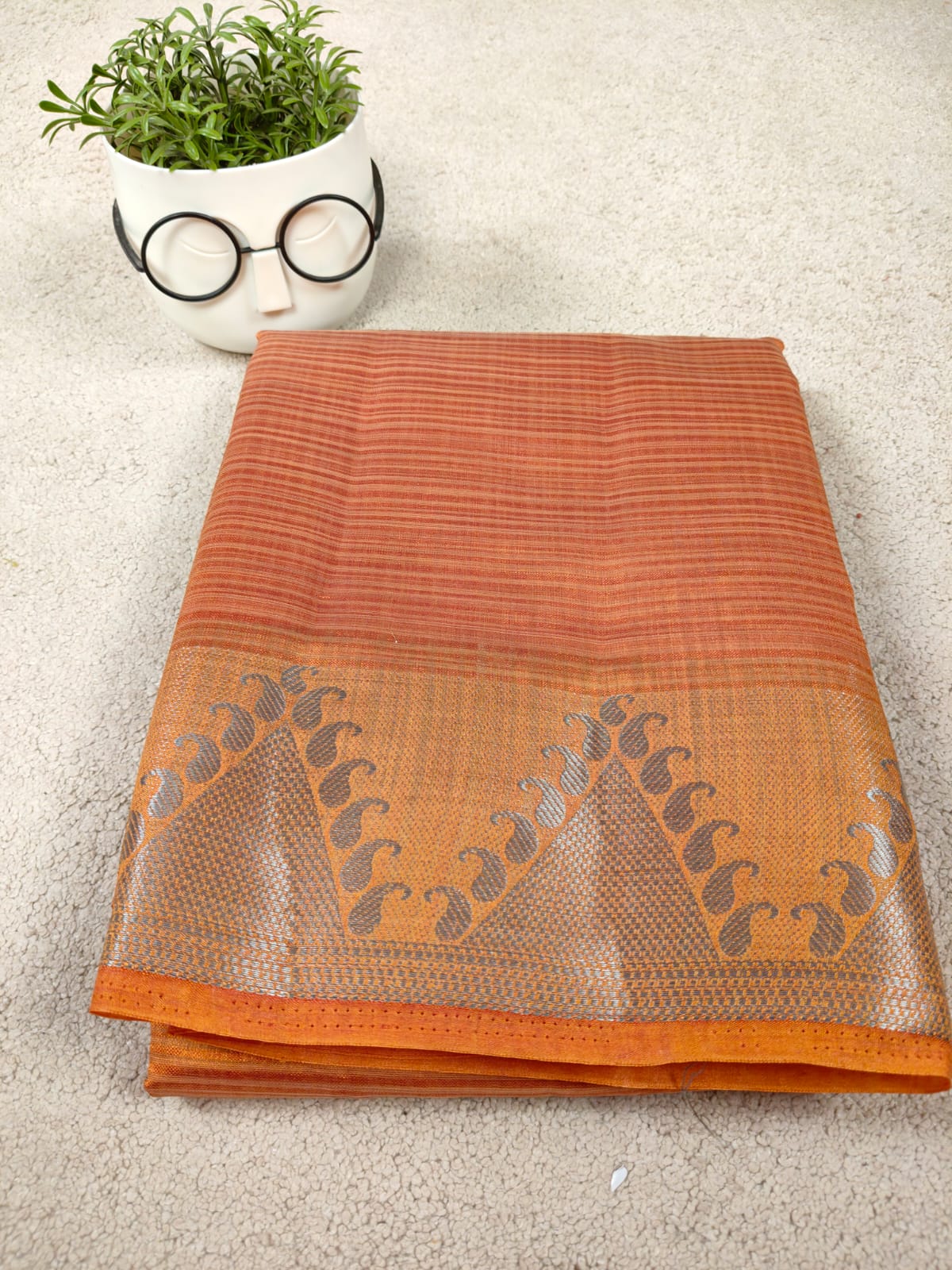 Rust Orange Tissue Art Print Saree with Zari Motif Border-SS-93
