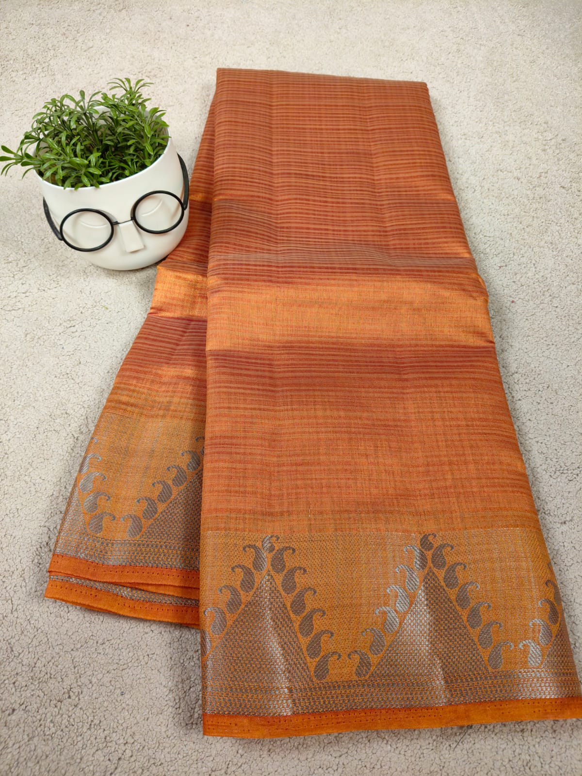 Rust Orange Tissue Art Print Saree with Zari Motif Border-SS-93