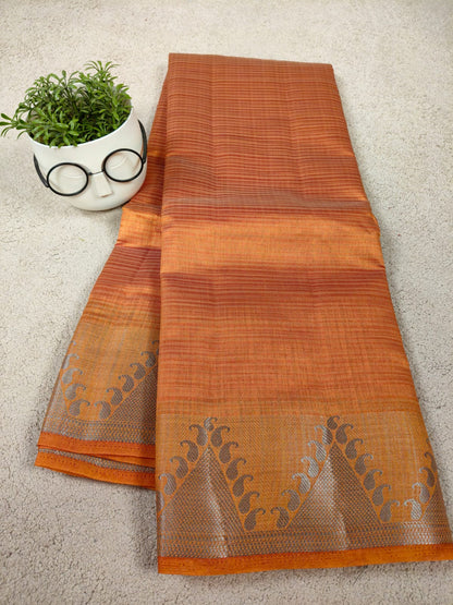 Rust Orange Tissue Art Print Saree with Zari Motif Border-SS-93