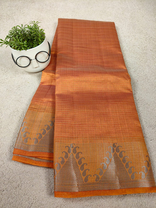 Rust Orange Tissue Art Print Saree with Zari Motif Border-SS-93