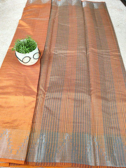 Rust Orange Tissue Art Print Saree with Zari Motif Border-SS-93