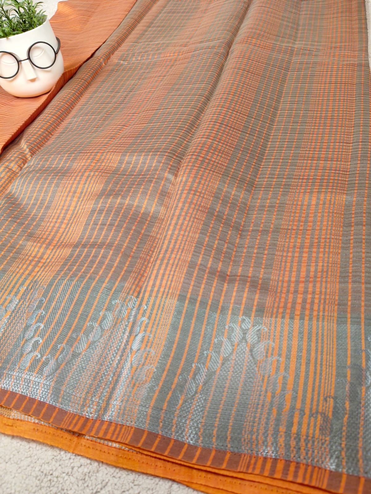 Rust Orange Tissue Art Print Saree with Zari Motif Border-SS-93