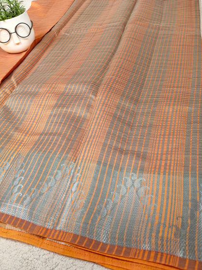 Rust Orange Tissue Art Print Saree with Zari Motif Border-SS-93