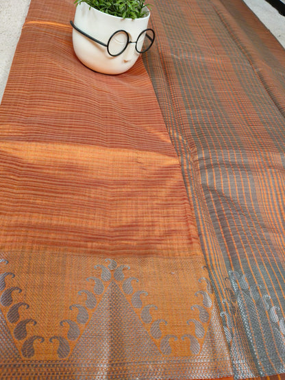 Rust Orange Tissue Art Print Saree with Zari Motif Border-SS-93