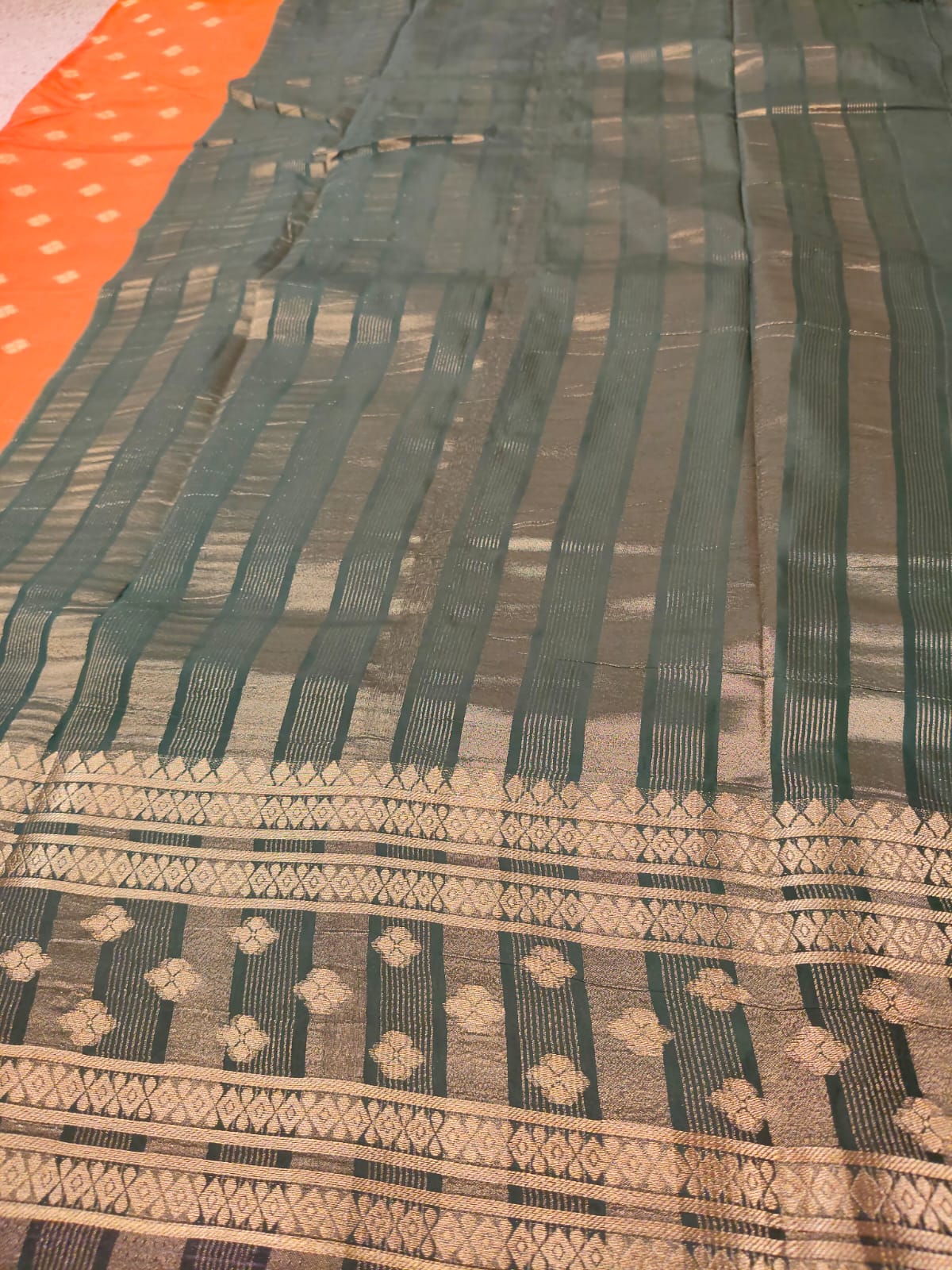 Orange & Bottle Green Semi Mysore Crepe Silk Saree with Gold Zari Border-SS-94