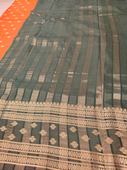 Orange & Bottle Green Semi Mysore Crepe Silk Saree with Gold Zari Border-SS-94