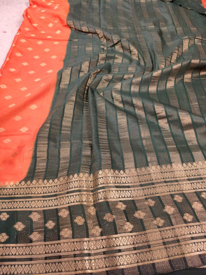 Orange & Bottle Green Semi Mysore Crepe Silk Saree with Gold Zari Border-SS-94