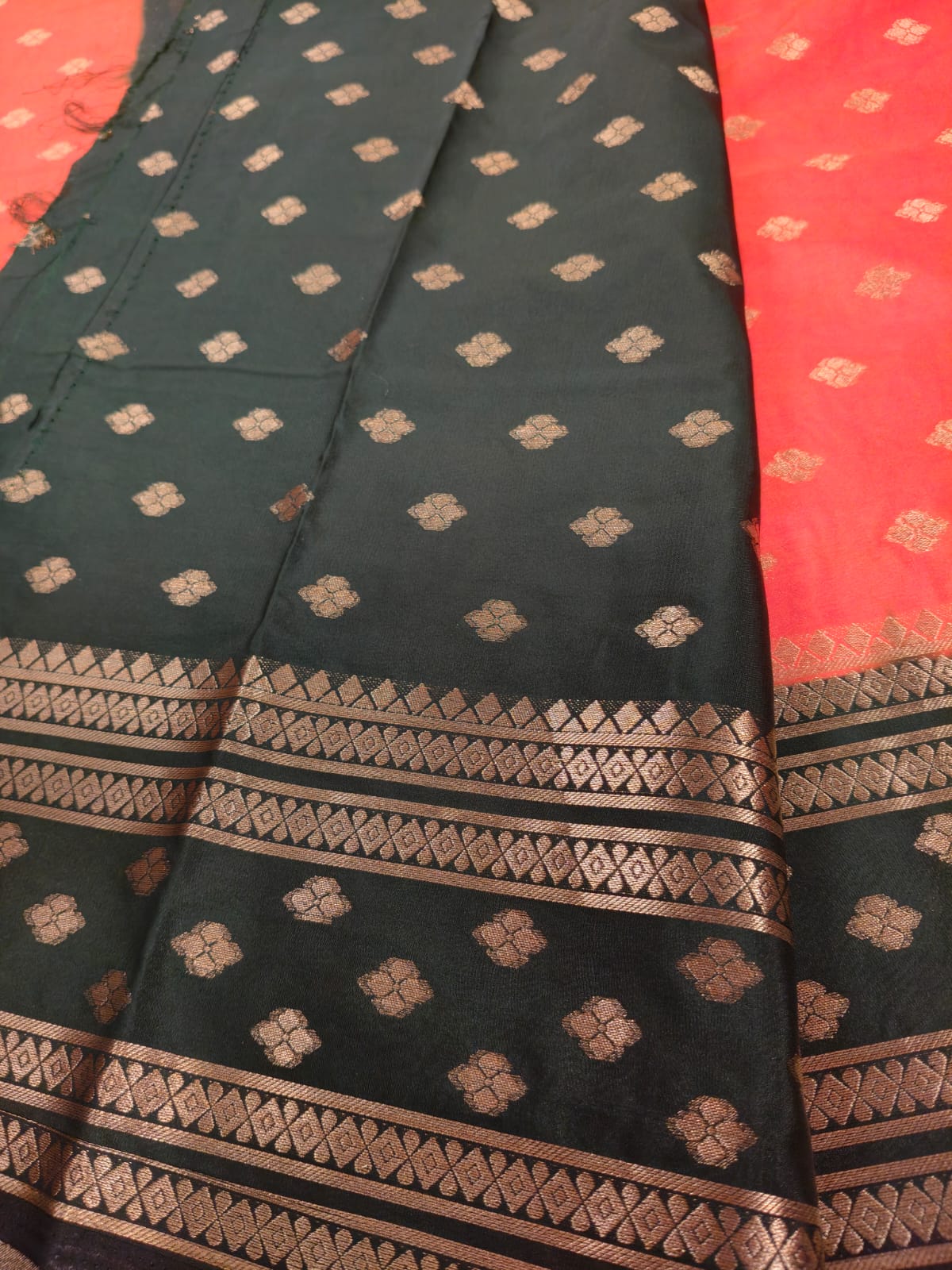 Orange & Bottle Green Semi Mysore Crepe Silk Saree with Gold Zari Border-SS-94