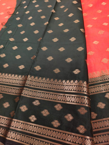 Orange & Bottle Green Semi Mysore Crepe Silk Saree with Gold Zari Border-SS-94