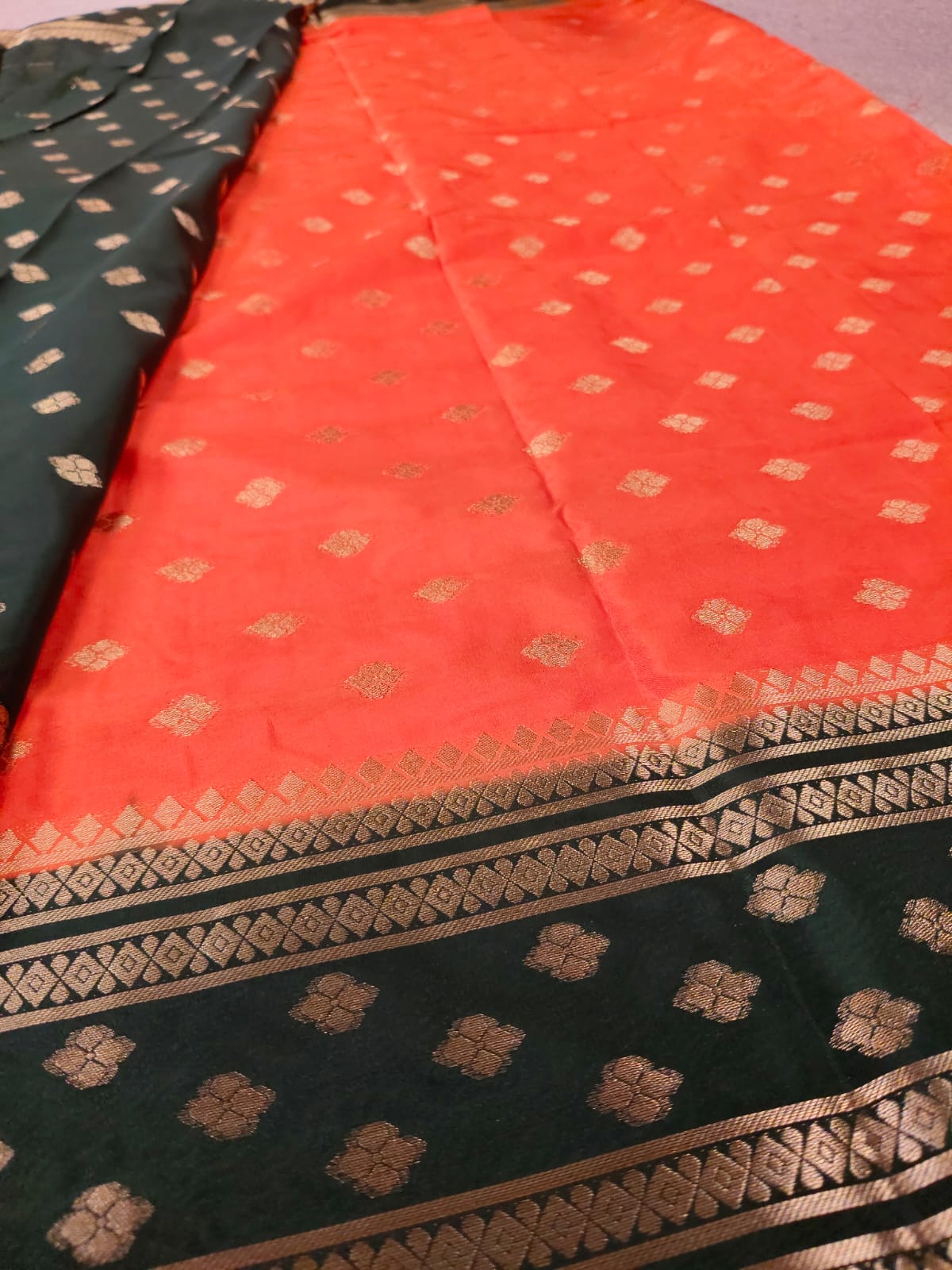 Orange & Bottle Green Semi Mysore Crepe Silk Saree with Gold Zari Border-SS-94