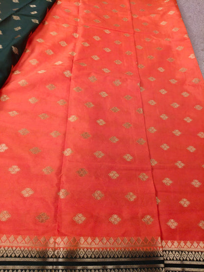 Orange & Bottle Green Semi Mysore Crepe Silk Saree with Gold Zari Border-SS-94