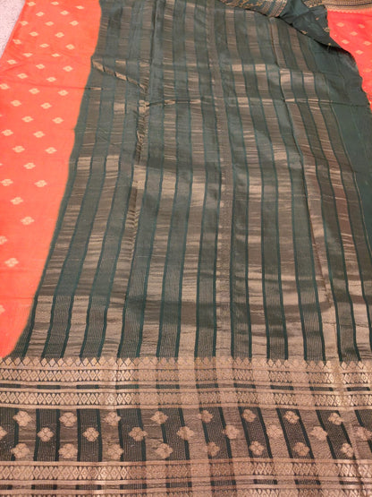 Orange & Bottle Green Semi Mysore Crepe Silk Saree with Gold Zari Border-SS-94
