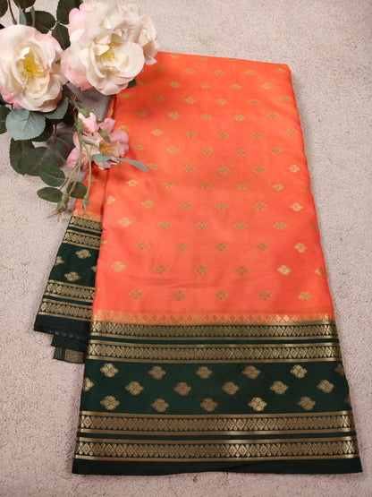 Orange & Bottle Green Semi Mysore Crepe Silk Saree with Gold Zari Border-SS-94