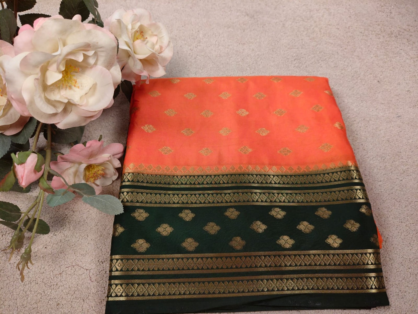 Orange & Bottle Green Semi Mysore Crepe Silk Saree with Gold Zari Border-SS-94